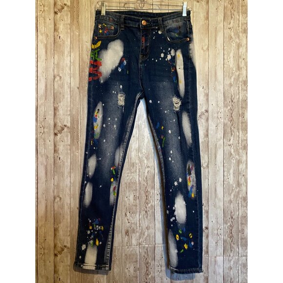 Women's Paint Splattered High Rise Denim Blue Jeans High-Rise Size 28" X 28" - Picture 1 of 12